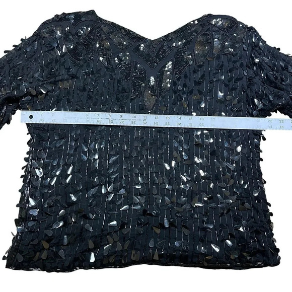 Vintage Lilli Diamond Black Sequin V Neck Silk Blouse Short Sleeve Size Medium - Picture 8 of 8